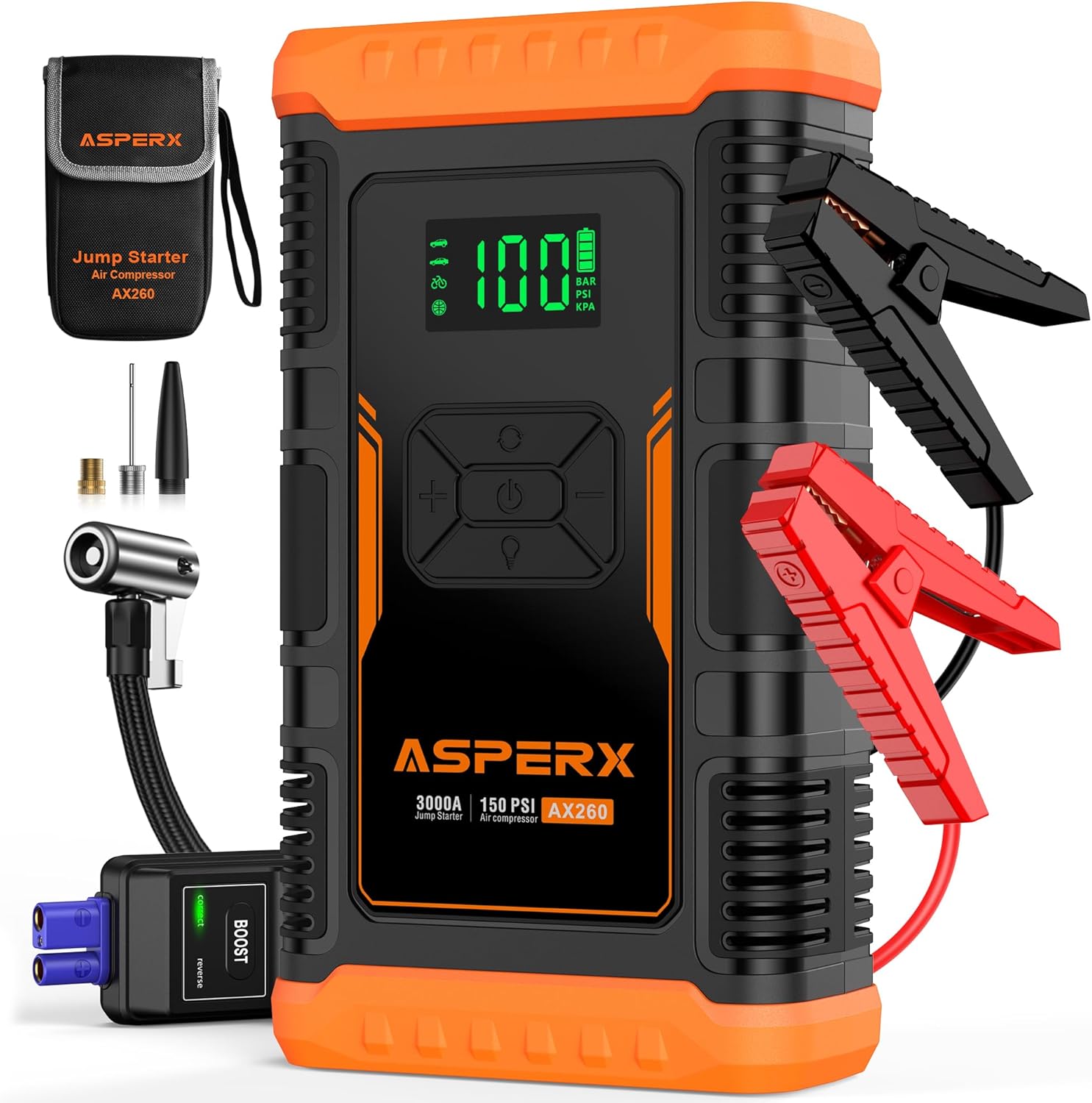 ASPERX Booster de Batterie avec Compresseur d’Air, Démarreur de Voiture 3000A 150PSI avec Lampe Torche LED et Câbles de Démarrage, pour Véhicules 12V, Motos et SUV (jusqu’à 10L Essence ou 8L Diesel)