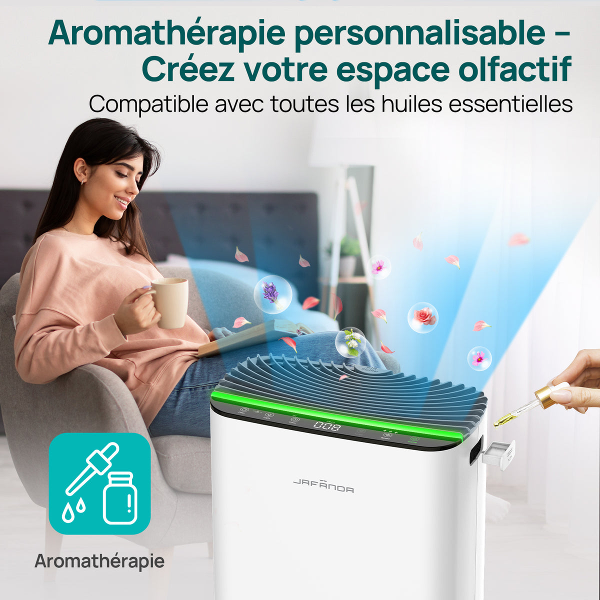 JAFANDA Purificateur d'air maison, Jusqu'à 1226 ft², Filtre True HEPA avec Affichage PM2.5, Mode sommeil 20 dB, Élimine Poils d'animaux, Odeurs, Poussière, Fumée, Pollen et Allergènes