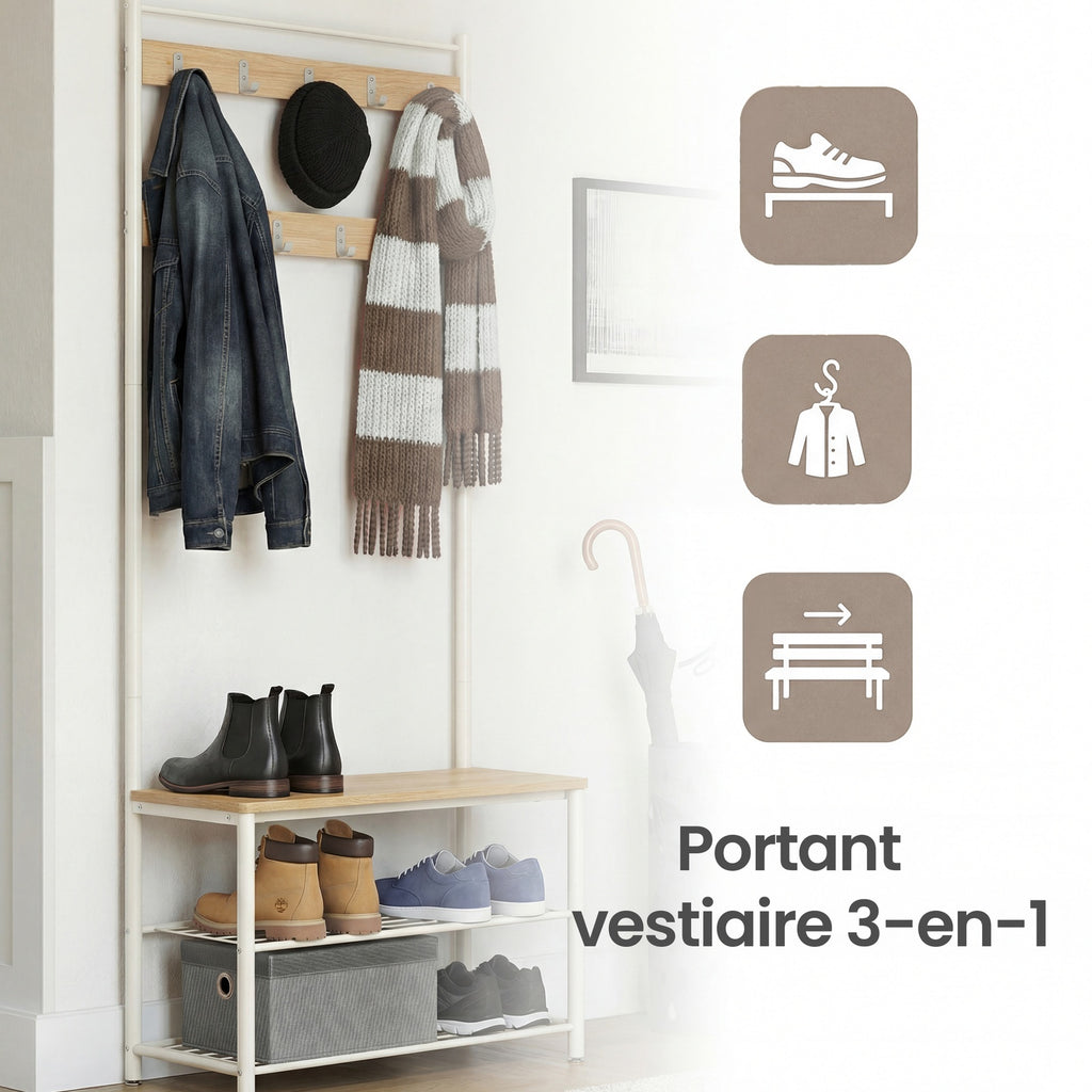 JOYFURNOS Portemanteau, Vestiaire d'entrée avec banc de rangement pour chaussures, 32 x 70 x 177 cm, Industriel, Naturel et blanc