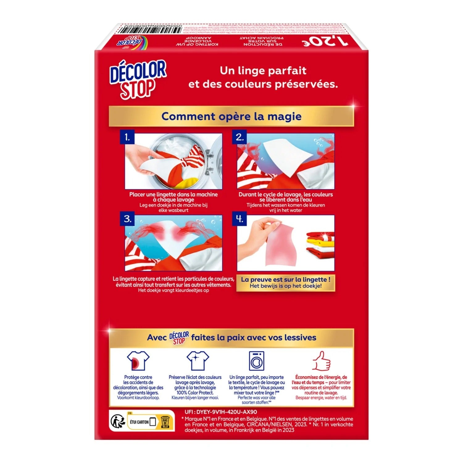 DECOLOR STOP Lingettes Attrape-Couleurs, Empêche le Transfert de Teinture et Restaure la Blancheur, Puissance Anti-Taches, 10 Lingettes