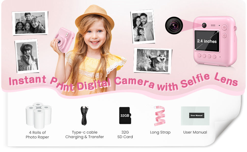 Songdian Appareil photo à impression instantanée pour filles et garçons, Cadeau jouet rose pour Noël et anniversaire