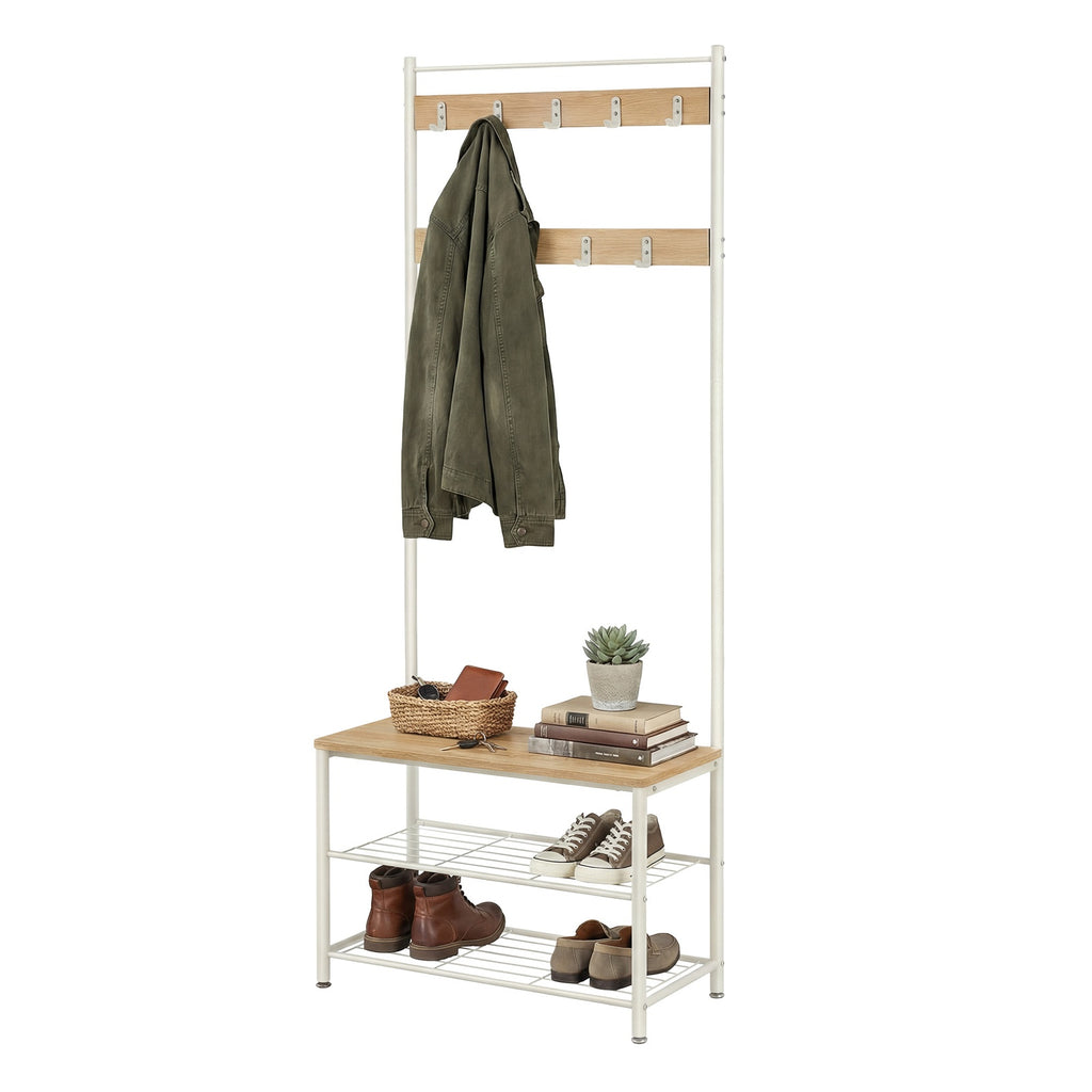JOYFURNOS Portemanteau, Vestiaire d'entrée avec banc de rangement pour chaussures, 32 x 70 x 177 cm, Industriel, Naturel et blanc