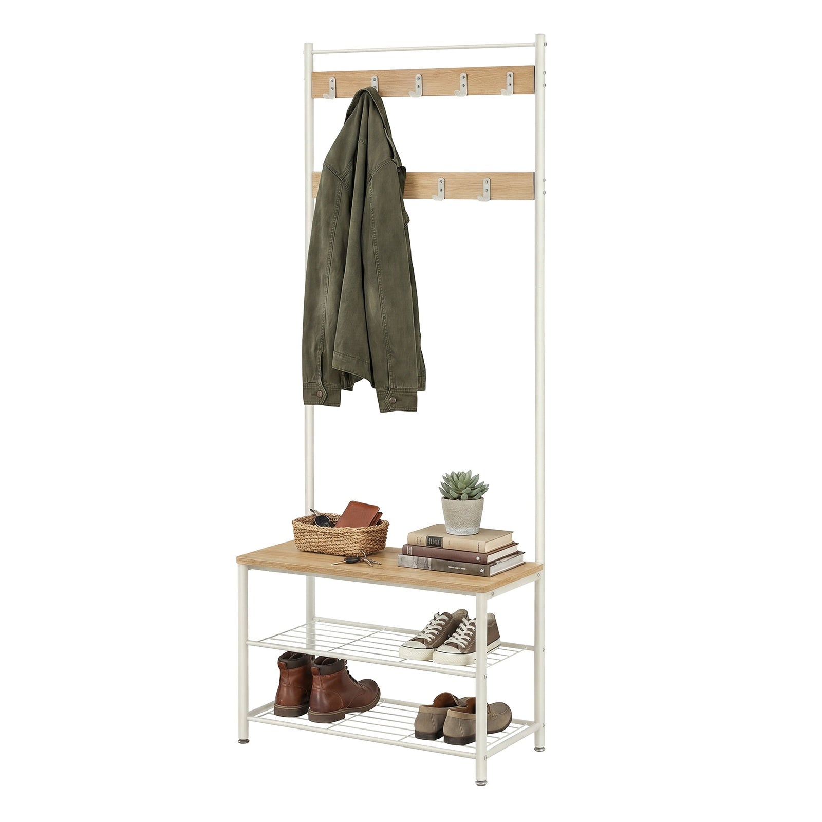 JOYFURNOS Portemanteau, Vestiaire d'entrée avec banc de rangement pour chaussures, 32 x 70 x 177 cm, Industriel, Naturel et blanc