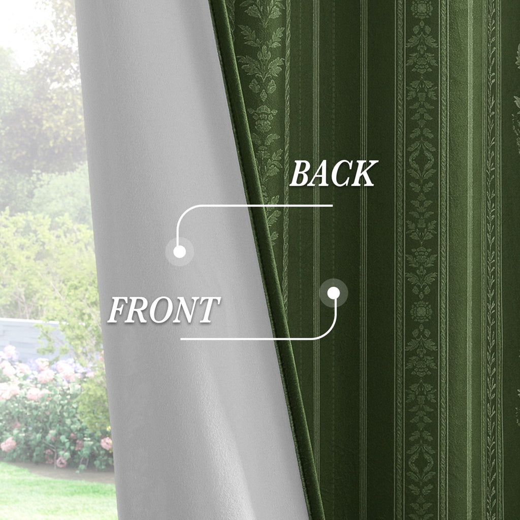 PONY DANCE Rideaux en Velours Rayés et à Motifs Floraux à Lanières Arrière, Rideaux Occultants Isolants Thermiques de Luxe Classiques pour Salon Chambre, 2 Panneaux, L 127 x H 245 cm, Vert