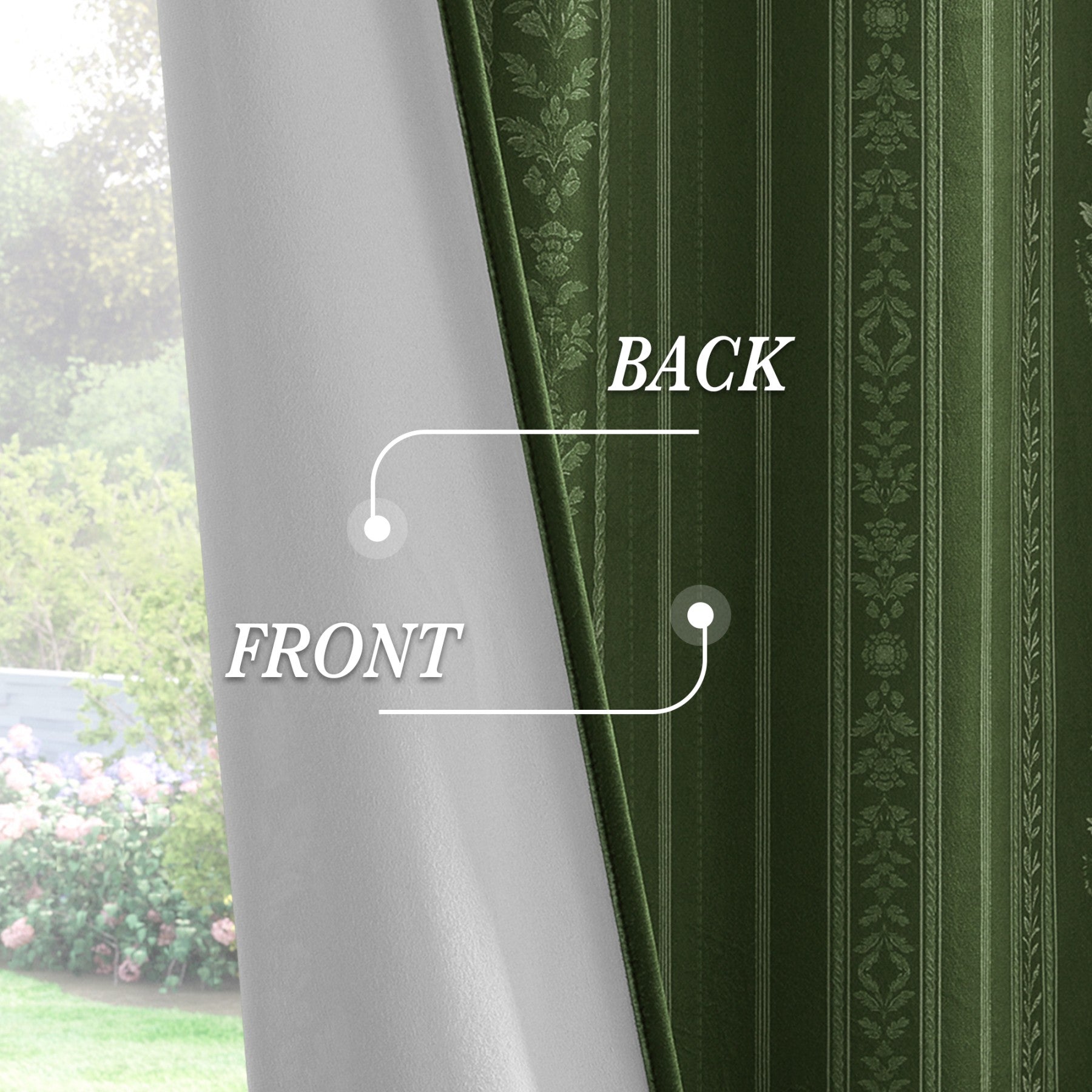 PONY DANCE Rideaux en Velours Rayés et à Motifs Floraux à Lanières Arrière, Rideaux Occultants Isolants Thermiques de Luxe Classiques pour Salon Chambre, 2 Panneaux, L 127 x H 245 cm, Vert