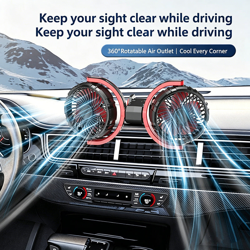 Ventilateur de voiture pliable à double tête avec 2 ports USB, alimentation allume-cigare 12 V/24 V, ventilateur de refroidissement réglable à 3 vitesses avec rotation à 360°
