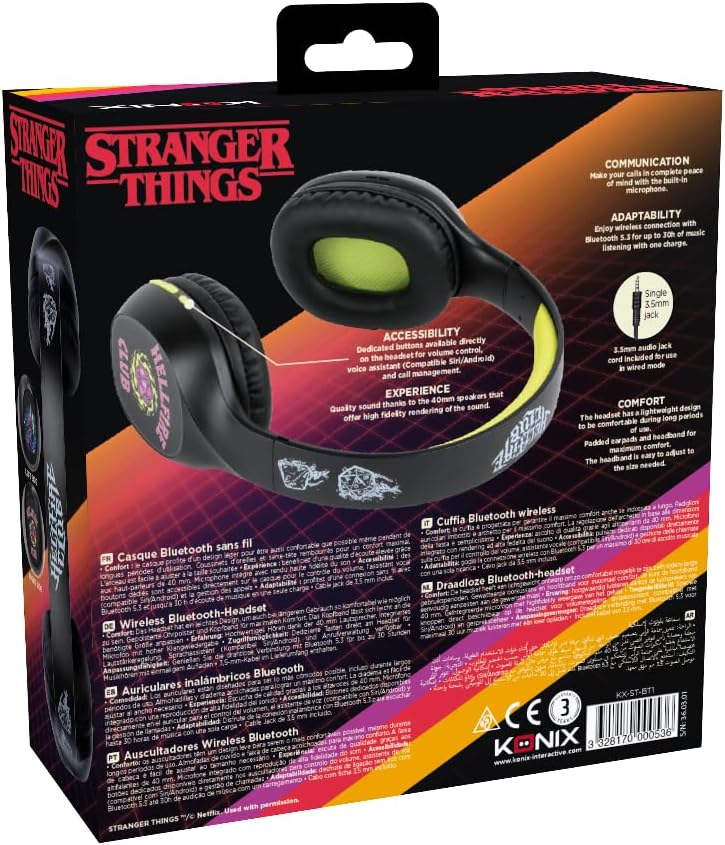 Konix Stranger Things Casque audio supra-auriculaire sans fil Bluetooth 5.3 PC, smartphones, tablettes - Microphone - Autonomie 30 h - Noir et jaune