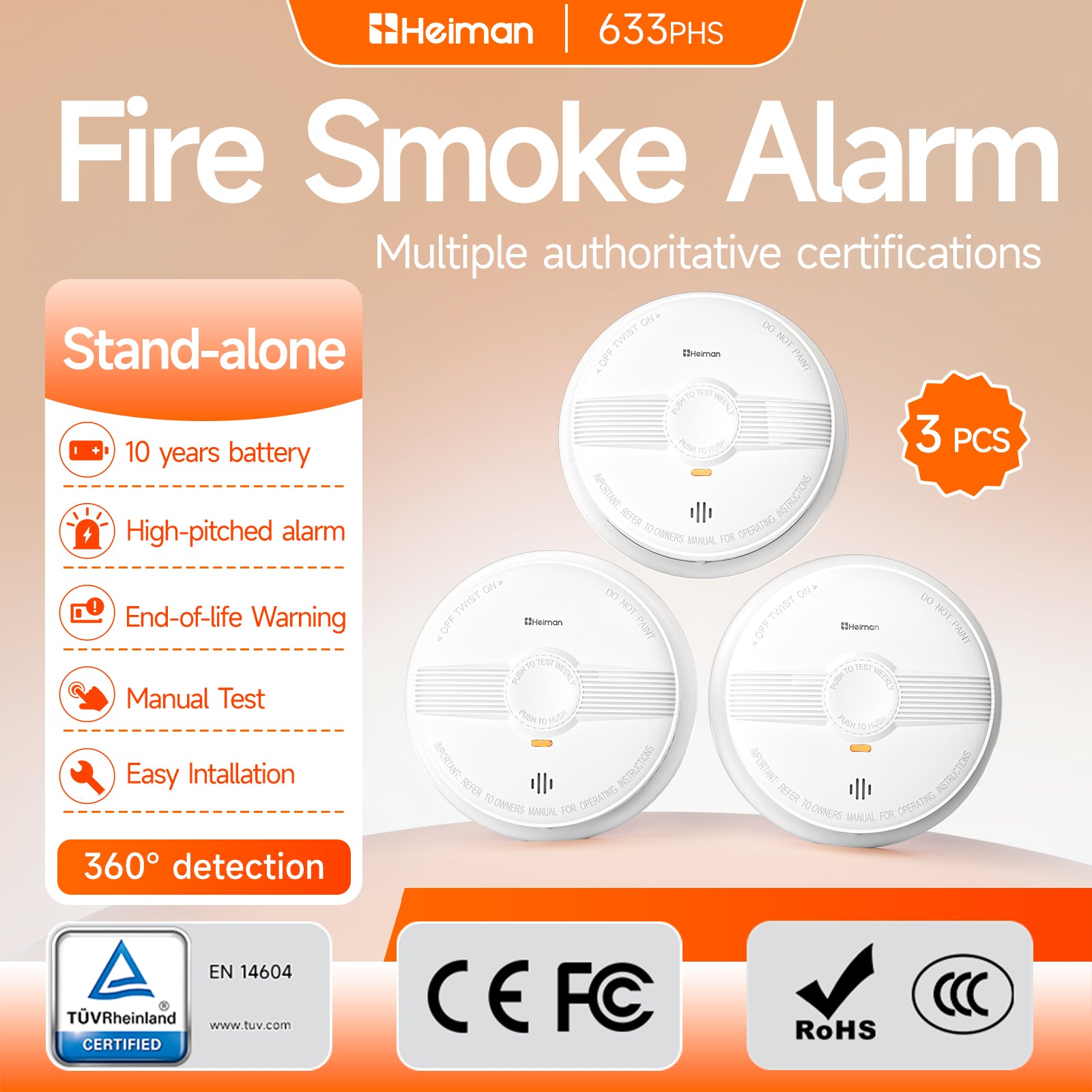 HEIMAN Modèle 633 Lot de 3 détecteurs de fumée sans fil et radio-réseau, jusqu’à 40 alarmes incendie 85 dB, batterie 10 ans et bouton d'arrêt, certifié EN 14604