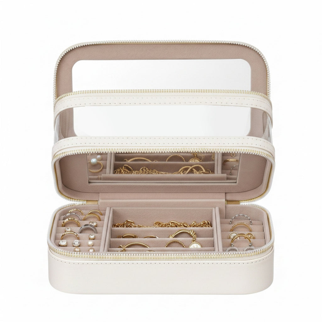 JOYFURNOS Organisateur de Cosmétiques avec Miroir, Mallette de Maquillage de Voyage, Rangement pour Bijoux, Trousse de Pinceaux Portable, Cadeau pour Femme, Blanc