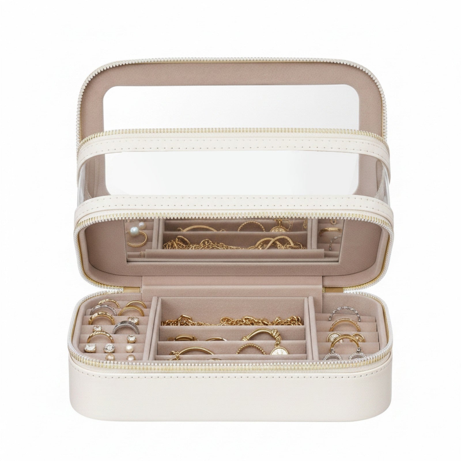 JOYFURNOS Organisateur de Cosmétiques avec Miroir, Mallette de Maquillage de Voyage, Rangement pour Bijoux, Trousse de Pinceaux Portable, Cadeau pour Femme, Blanc