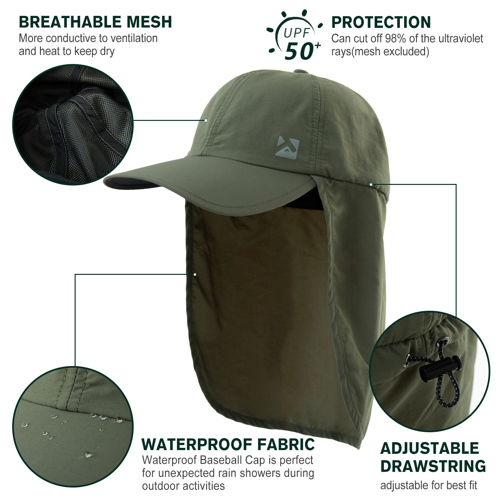 TOP-EX Casquette imperméable réglable avec protection solaire et saharienne, taille M/L - Vert militaire