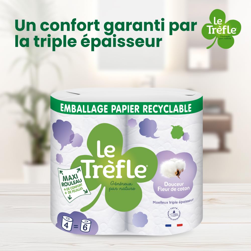 LE TRÈFLE Douceur Fleur de Coton Papier Toilette 3 Épaisseurs Lotion au Coton, 4 Rouleaux