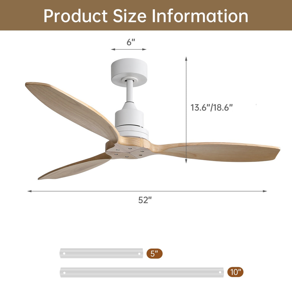 Sofucor 52K076 52 pouces Ventilateur de plafond à tige blanche sans lumière avec pales en bois