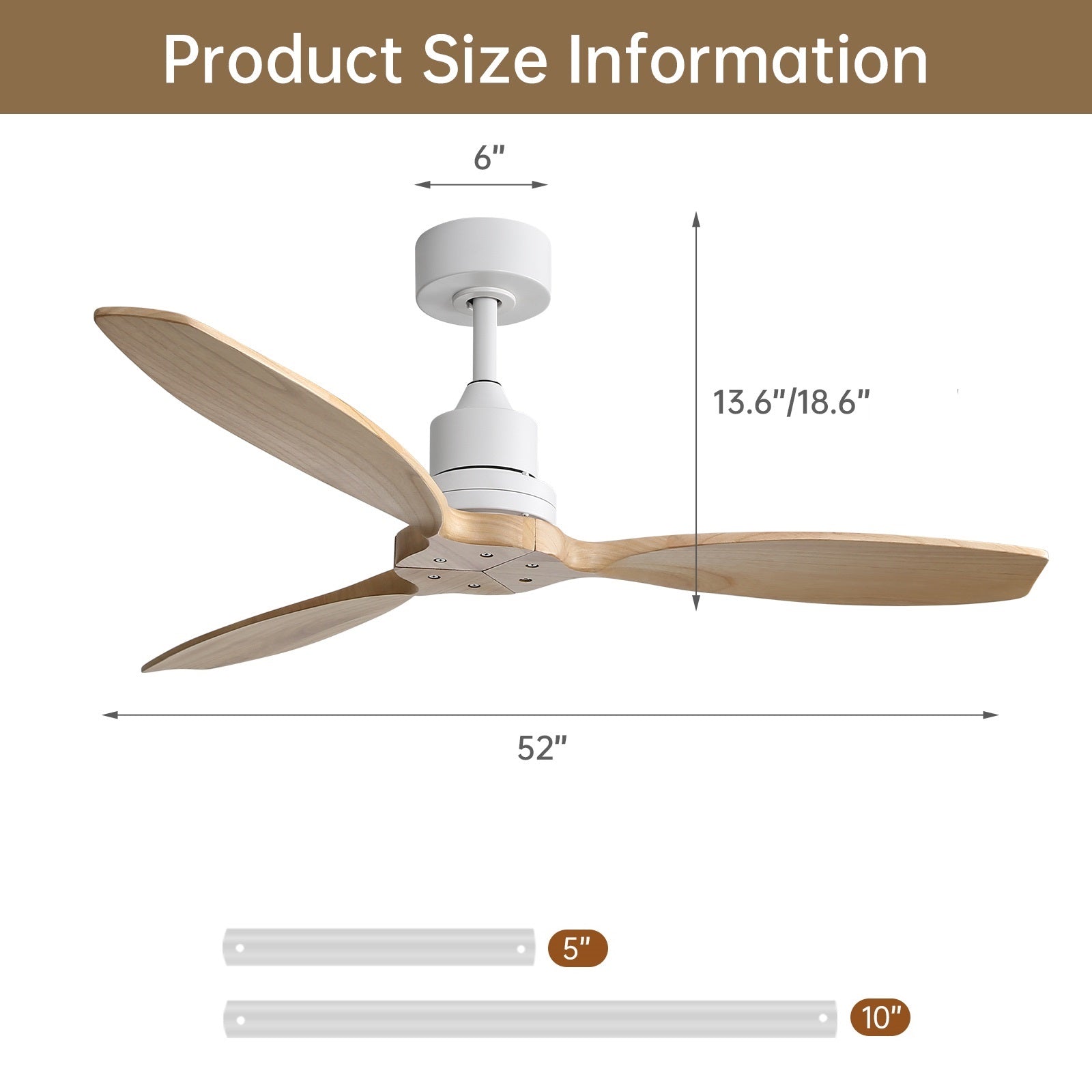 Sofucor 52K076 52 pouces Ventilateur de plafond à tige blanche sans lumière avec pales en bois