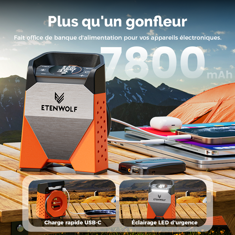 ETENWOLF ZEPHYR S3 Gonfleur de pneus portable, compresseur d'air, cycle de service à 100 %, pompe à air 160 PSI - Orange vif