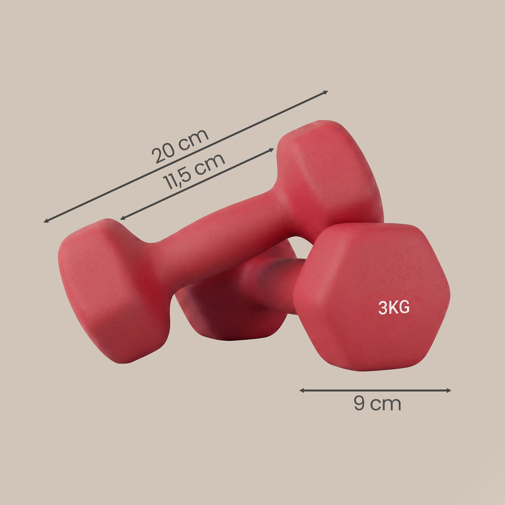 JOYFURNOSLot de 2 haltères hexagonaux en néoprène, 2 x 3 kg, avec barres d’haltères, entraînement à domicile, Rouge