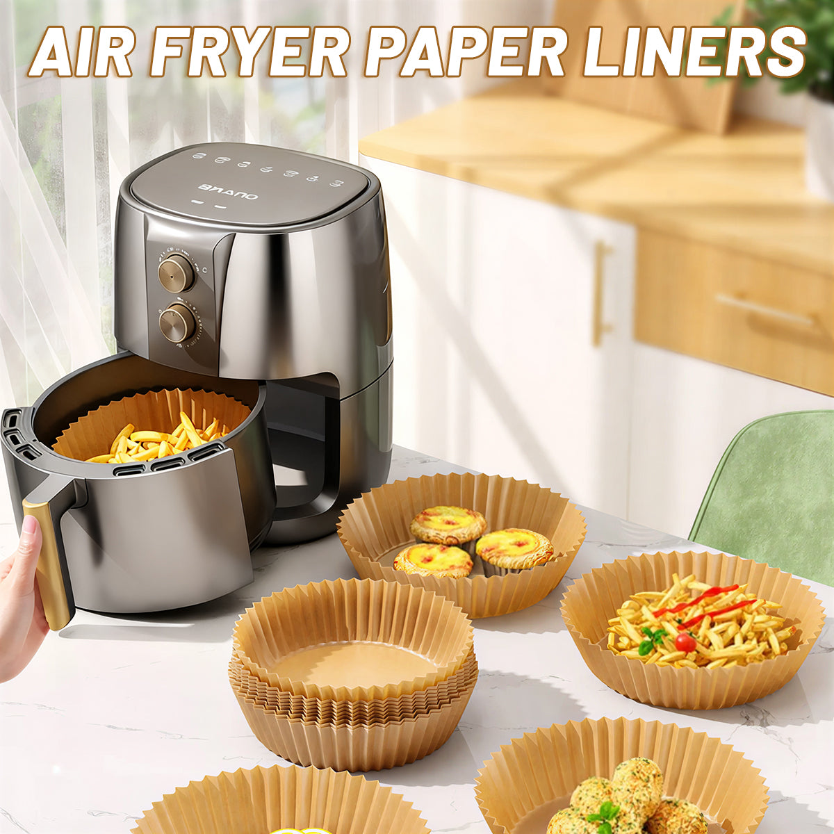 Feuilles de Papier Cuisson pour Friteuse à Air, Rondes Prédécoupées Antiadhésives pour un Nettoyage Facile, Inserts Jetables sans Salissures – Lot de 100 pièces 20cm
