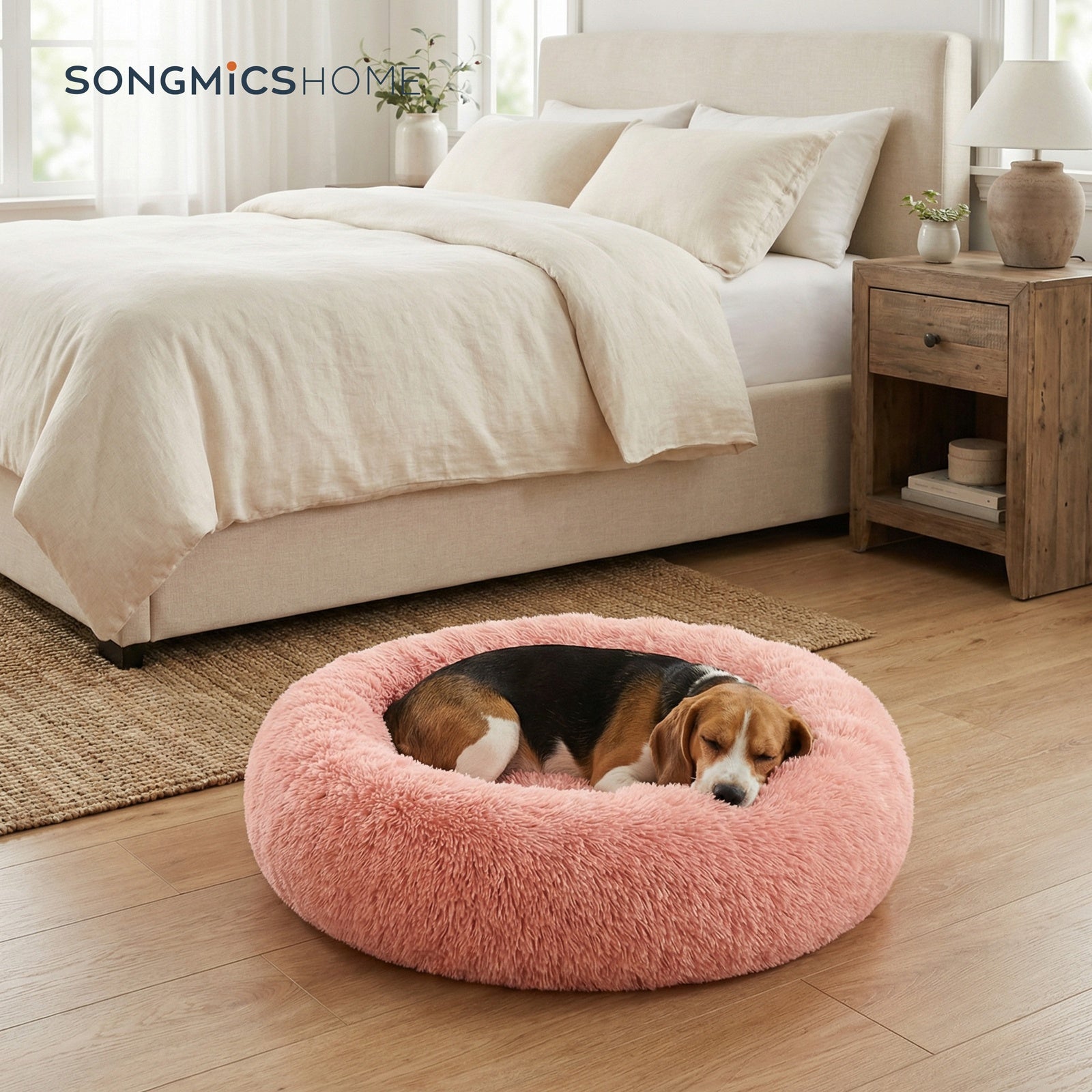 JOYFURNOS Panier pour chien en forme de beignet, Housse amovible et lavable, Rose