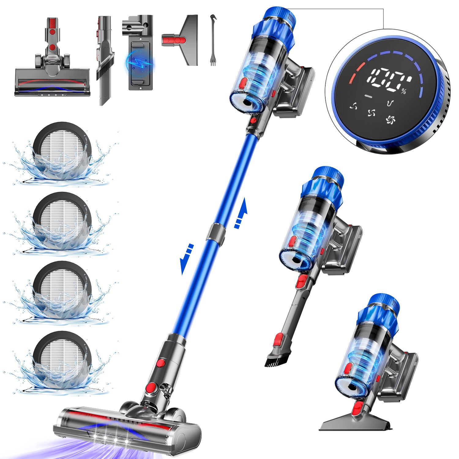 Daynee Aspirateur sans fil, 65 kPa / 70 min d'autonomie, Écran, Brosse anti-emmêlement, Aromathérapie, Filtration HEPA*4, Pour poils d'animaux, Tapis et sols durs