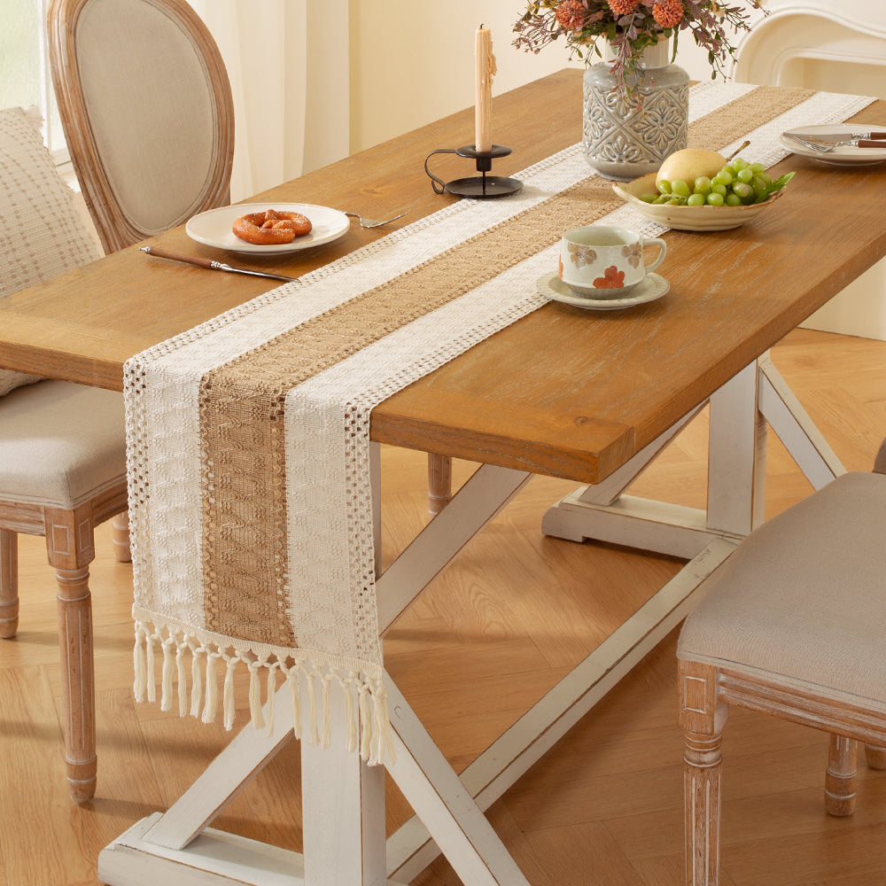 WhereHike Ensemble boho 5 pièces Chemin de table et sets de table, Macramé tissé Ivoire et marron 12 x 72 in avec 4 sets assortis 12,5 x 16,5 in, Décoration de salle à manger style ferme
