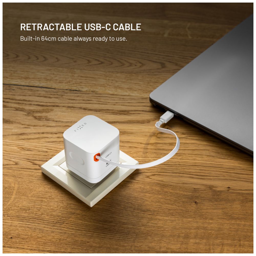 FIXED Chargeur de voyage GaN 65W avec câble rétractable, double USB-C, Charge Rapide PD 3.0, Blanc