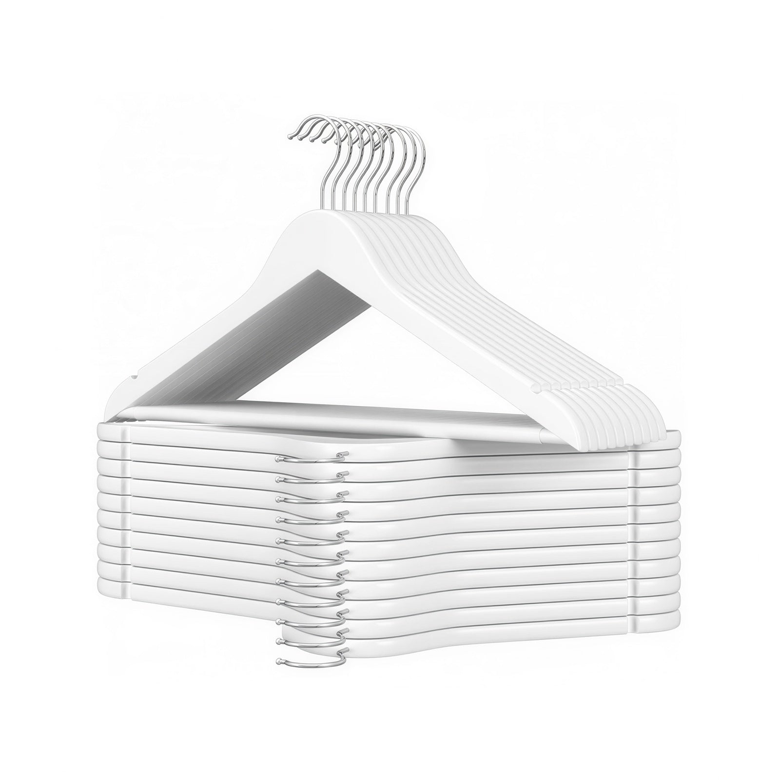 JOYFURNOS Cintres en Bois Blanc & Argent (Lot de 20) – Encoches sur les Épaules, Crochet Pivotant à 360°, Barre Antidérapante pour Pantalons – Parfait pour Costumes, Chemises & Manteaux