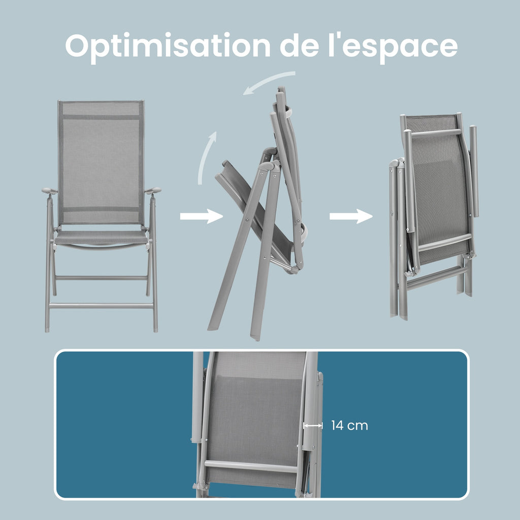 JOYFURNOS Lot de 2 Chaises de Jardin Pliantes, Chaises d’Extérieur avec Structure en Aluminium Résistante, Dossier Inclinable à 8 Positions, Capacité Max. 150 kg par Chaise, Gris