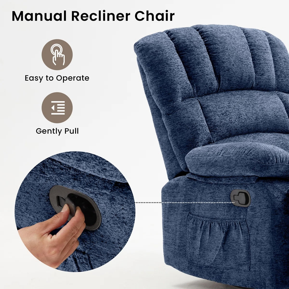 HONEYOU Fauteuil pivotant et bascule surdimensionné avec cadre OKIN, Chaise bascule à 360°, Canapé rembourré manuel pour salon et chambre, Bleu