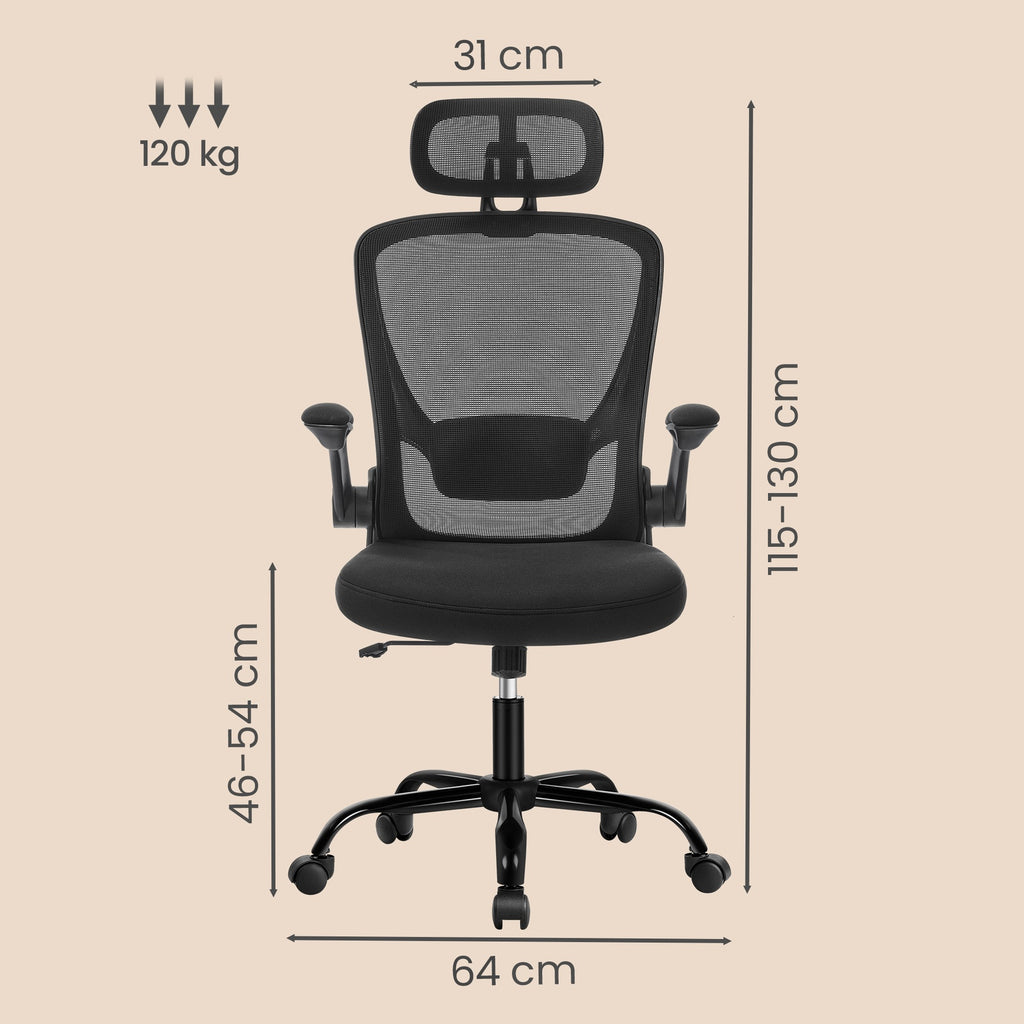 JOYFURNOS Chaise pivotante ergonomique en maille noir encre - 62 x 62,4 x 120,4-127,4 cm - Soutien lombaire et appui-tête, assise large, accoudoirs relevables, fonction d'inclinaison