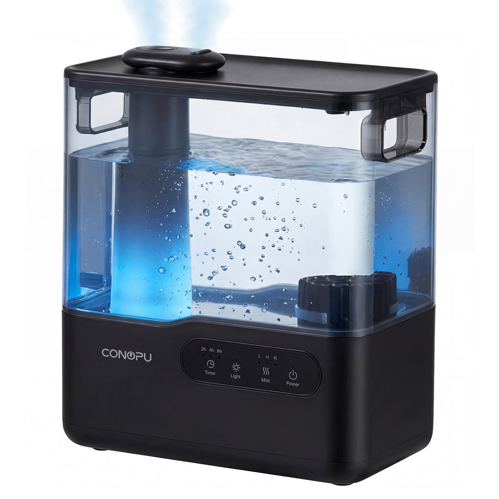 CONOPU Humidificateur ultrasonique 5 L à remplissage par le haut, double buse 360°, plateau d’aromathérapie et veilleuse à 7 couleurs, mode veille ultra silencieux, minuterie et arrêt automatique