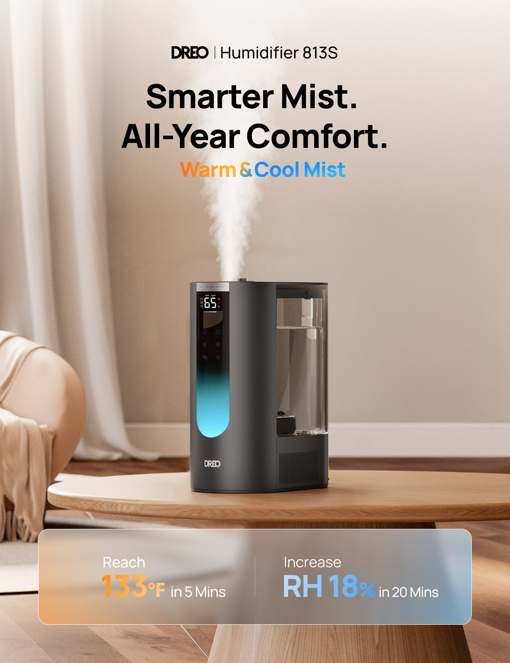 DREO Humidificateur ultrasonique intelligent, 6 L, 500 ml/h, brume chaude et froide, contrôle App, régulation humidité 5 %, doubles diffuseurs d'arômes, HHM013S