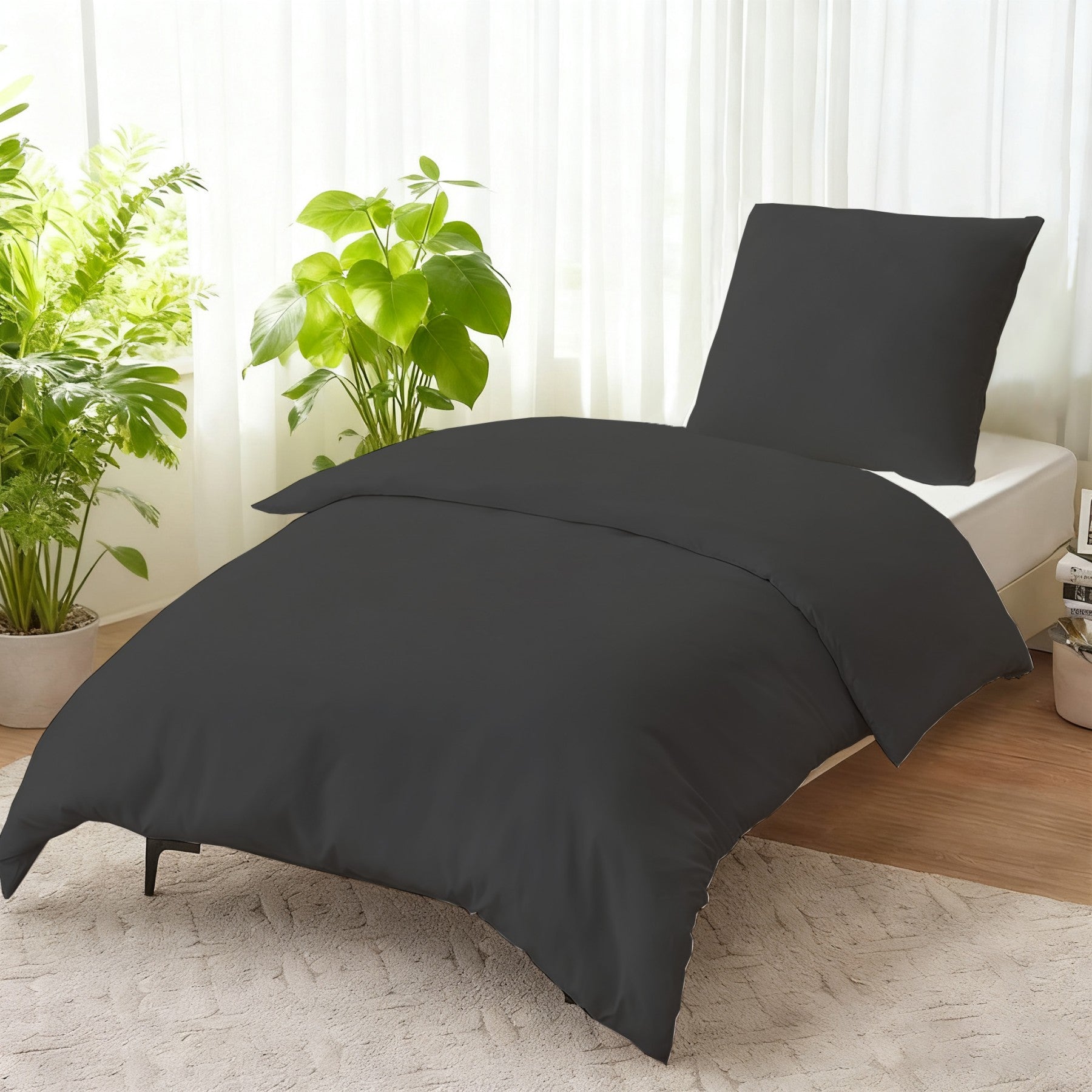 LeBonsoir Parure de lit brossée avec 1 housse de couette 135 x 200 cm et 1 taie d’oreiller 80 x 80 cm, avec fermeture éclair - Gris foncé