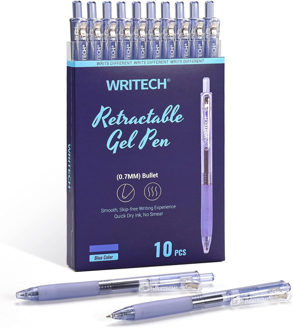 WRITECH Stylos à gel rétractables 0,7 mm, pointe moyenne, encre bleue, pour le journaling, écriture fluide, pointe fine, encre à séchage rapide, sans transfert, lot de 10 pièces