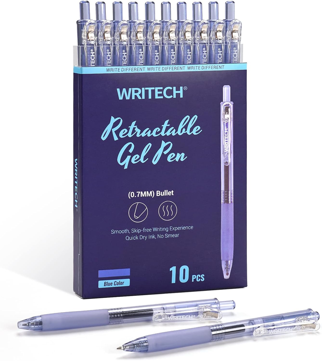 WRITECH Stylos à gel rétractables 0,7 mm, pointe moyenne, encre bleue, pour le journaling, écriture fluide, pointe fine, encre à séchage rapide, sans transfert, lot de 10 pièces