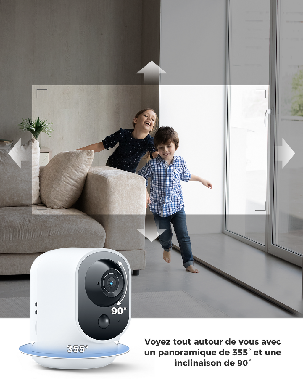 COCOCAM Caméra de sécurité intérieure 2K Wi-Fi panoramique et inclinable avec batterie 5200 mAh sans fil, reconnaissance IA, détection humaine PIR, compatible Alexa, 2,4 GHz