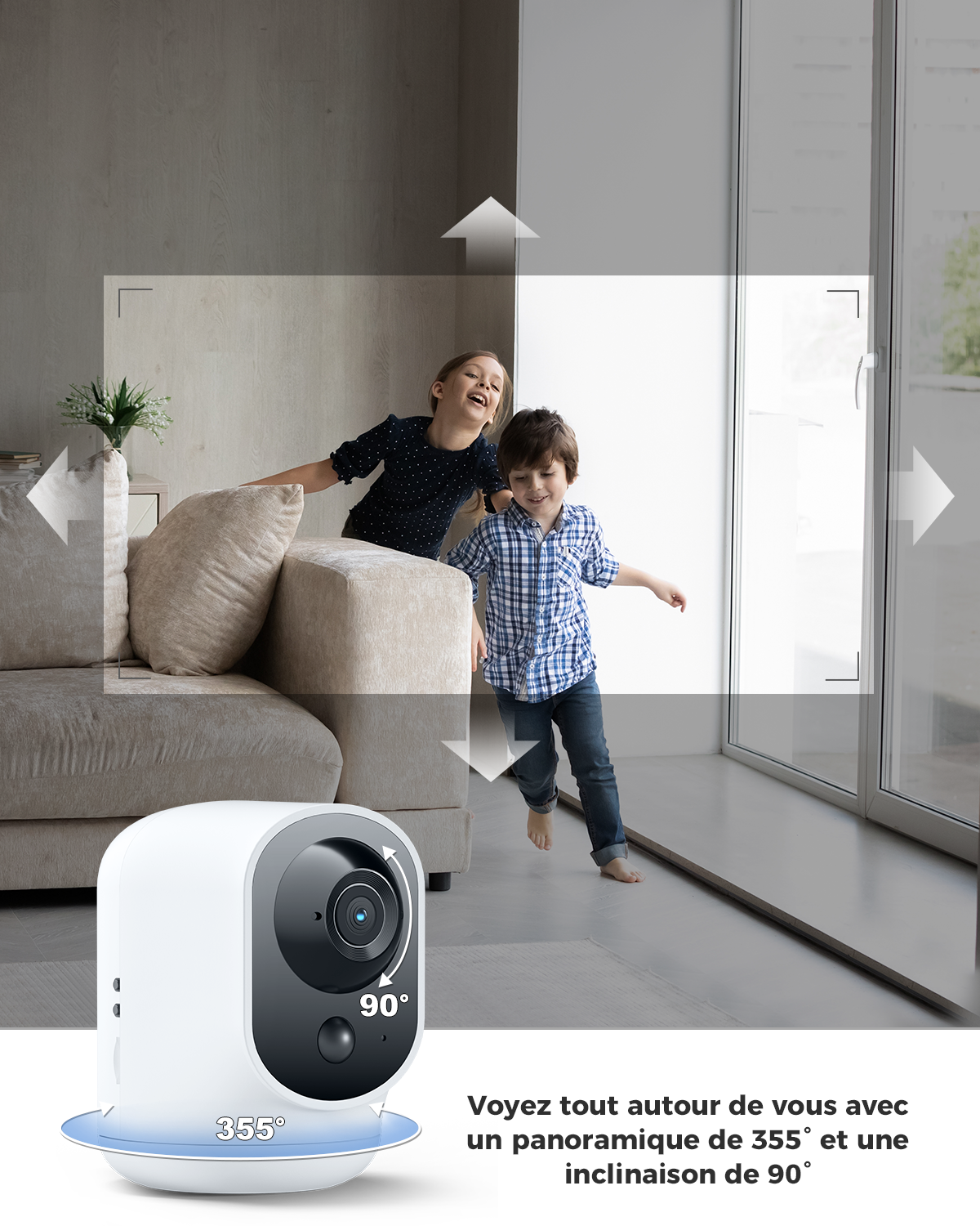COCOCAM Caméra de sécurité intérieure 2K Wi-Fi panoramique et inclinable avec batterie 5200 mAh sans fil, reconnaissance IA, détection humaine PIR, compatible Alexa, 2,4 GHz