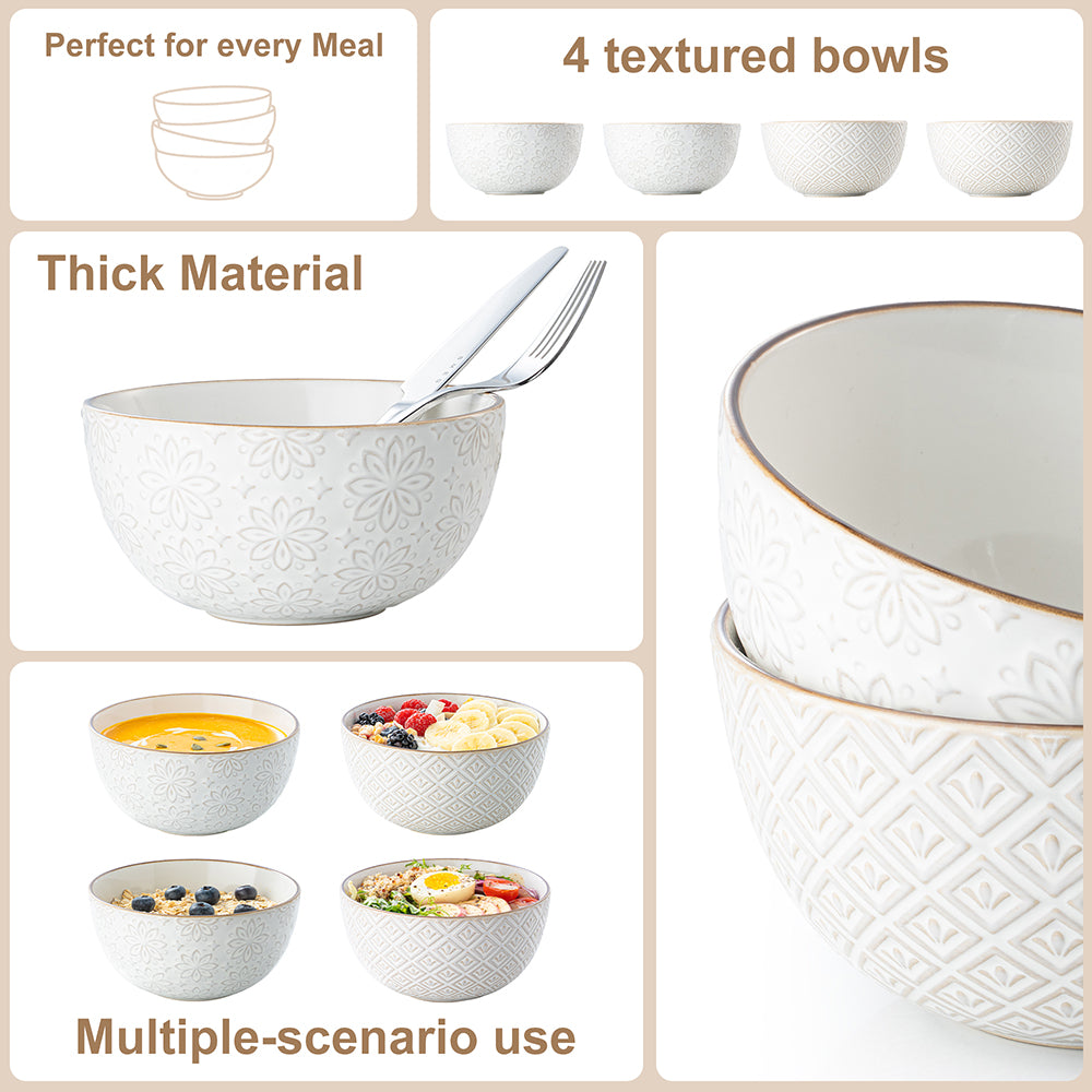 DAFUCERAMIC Assiettes à céréales 29 oz (6 pouces), bol à soupe en stoneware à motif, pour pho, chips, fruits, salade et nouilles (ramen), lot de 4, blanc arctique
