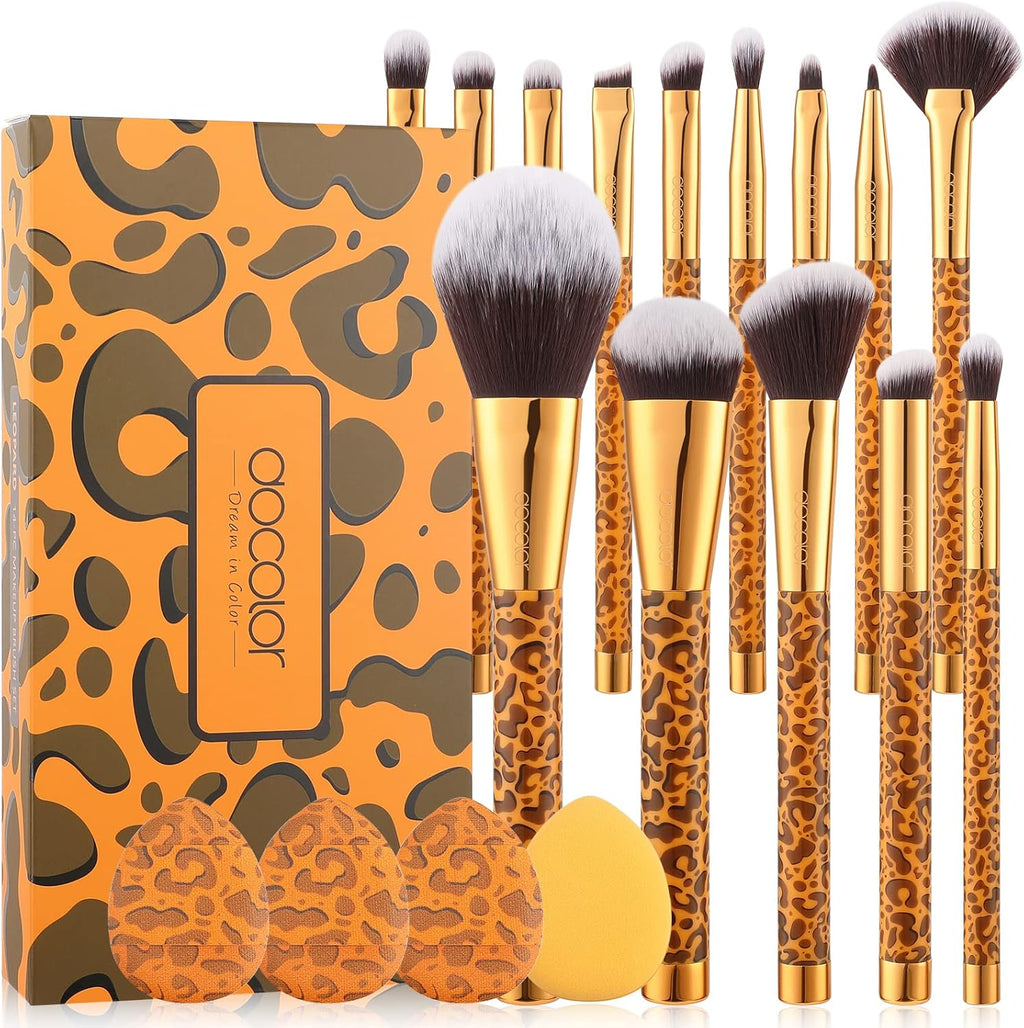Docolor Coffret Cadeau 14 Pièces Pinceaux de Maquillage Imprimé Léopard Doré