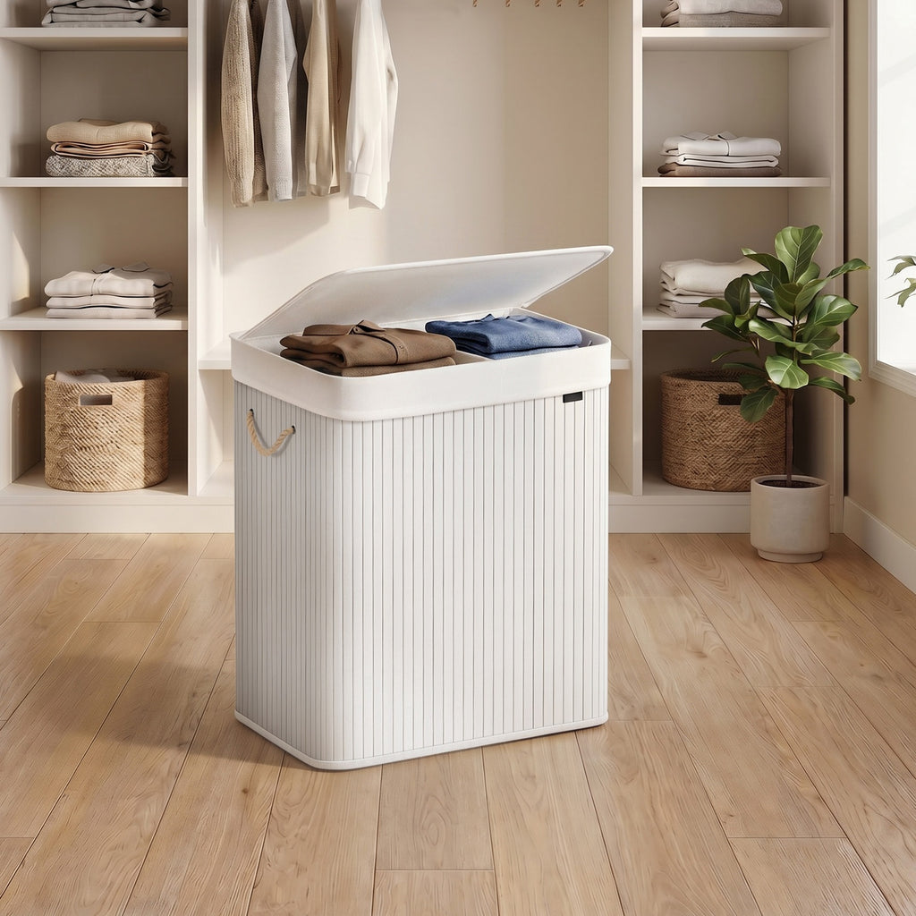 JOYFURNOS Grand Panier à Linge en Bambou, Panier à Linge Pliable à 2 Compartiments avec Couvercle, Blanc