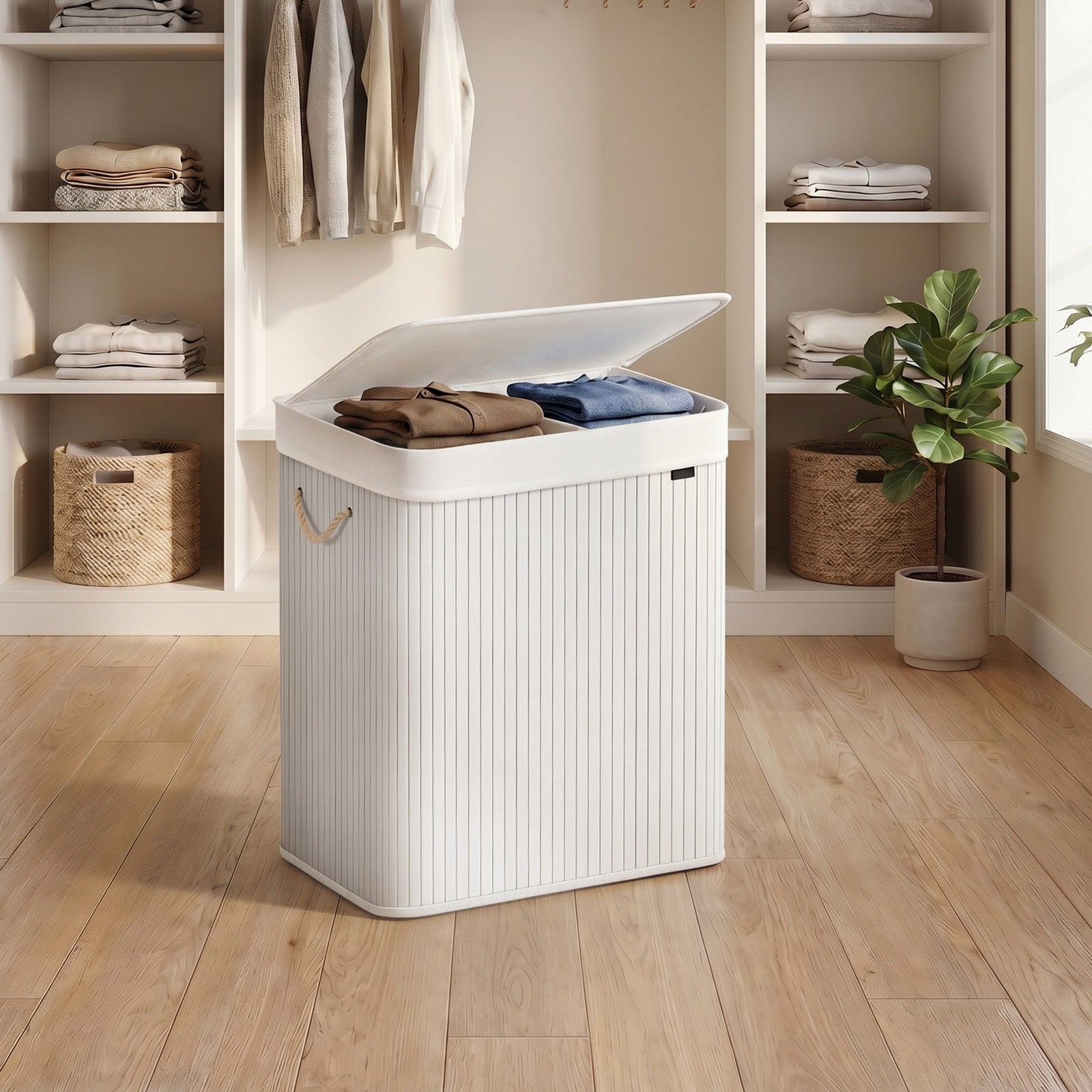 JOYFURNOS Grand Panier à Linge en Bambou, Panier à Linge Pliable à 2 Compartiments avec Couvercle, Blanc