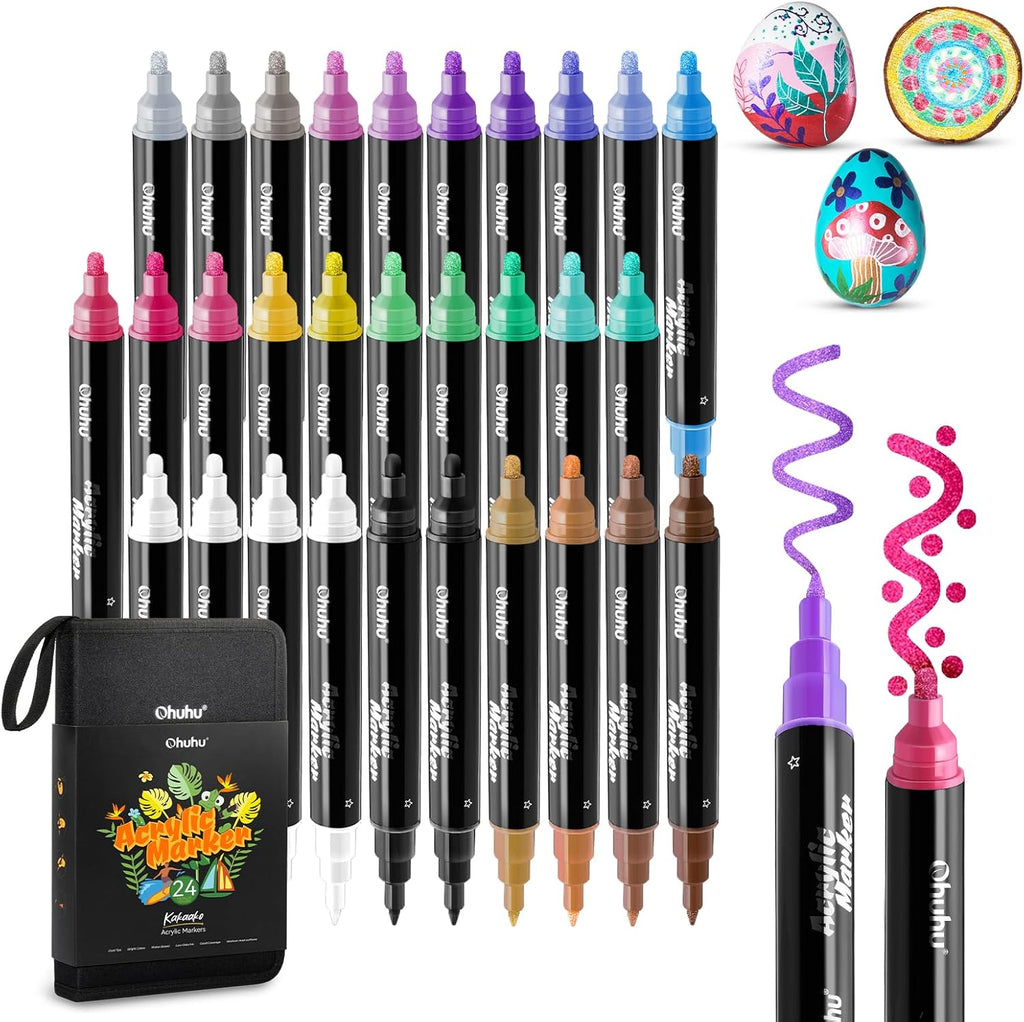Ohuhu Stylos de peinture acrylique 30 couleurs : à double pointe (ronde et fine)