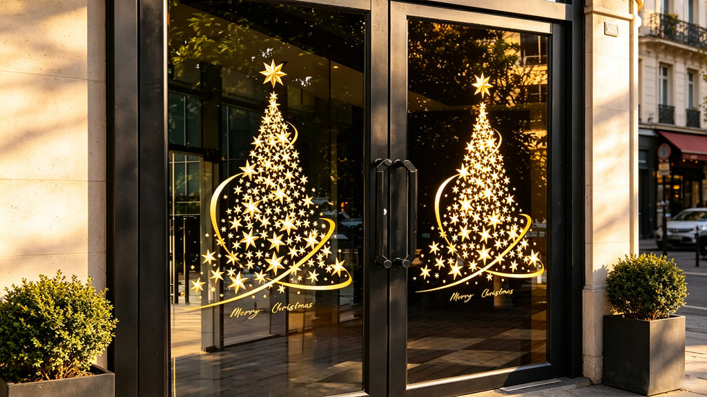 Ju7cer Lot de 2 autocollants de sapin de Noël - Grand sapin de Noël doré - Peut être utilisé pour décorer les murs, les fenêtres et les vitrines - Autocollants pour fenêtres
