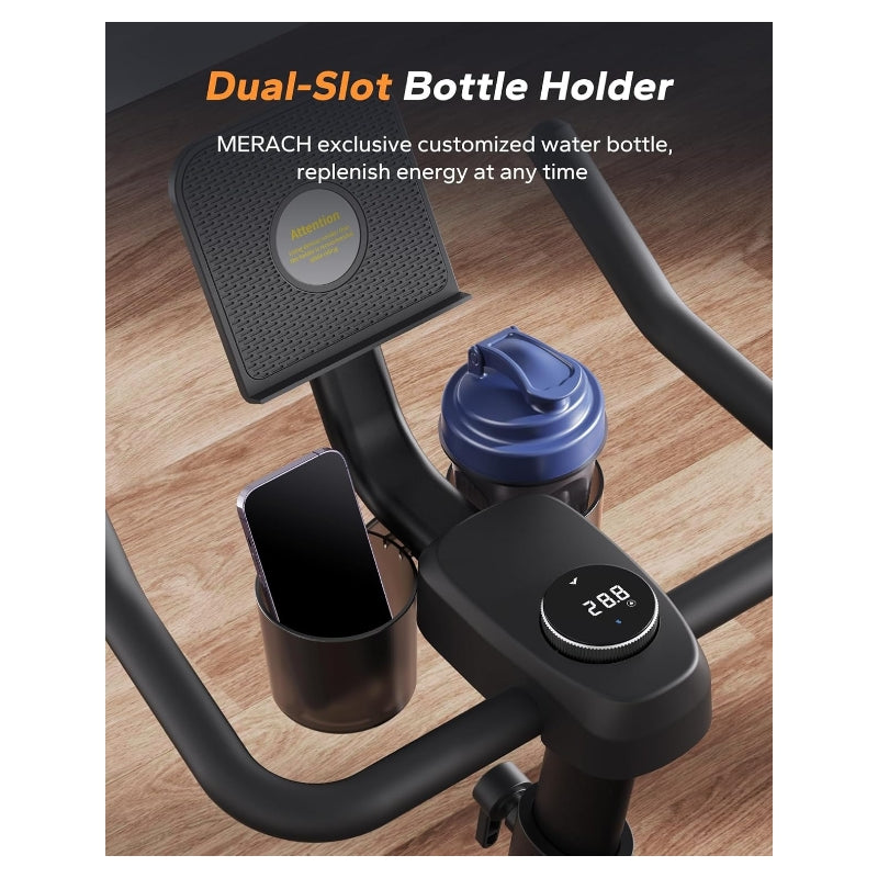 MERACH vélo d'appartement à résistance magnétique, pour usage intérieur, avec support pour haltères et support pour tablette, avec application intégrée, charge maximale 122kg