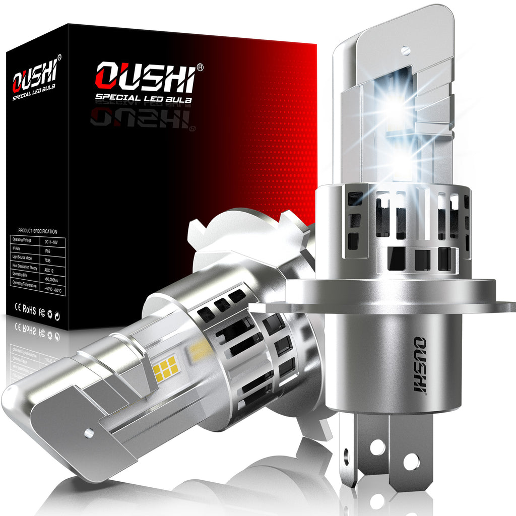 OUSHI Ampoules LED H4 de projecteur, amélioration de 600 %, 6500 K blanc xénon, format 1:1 mini, 30 000 lm, plug & play, ampoule HB2 9003 faisceaux hauts et bas