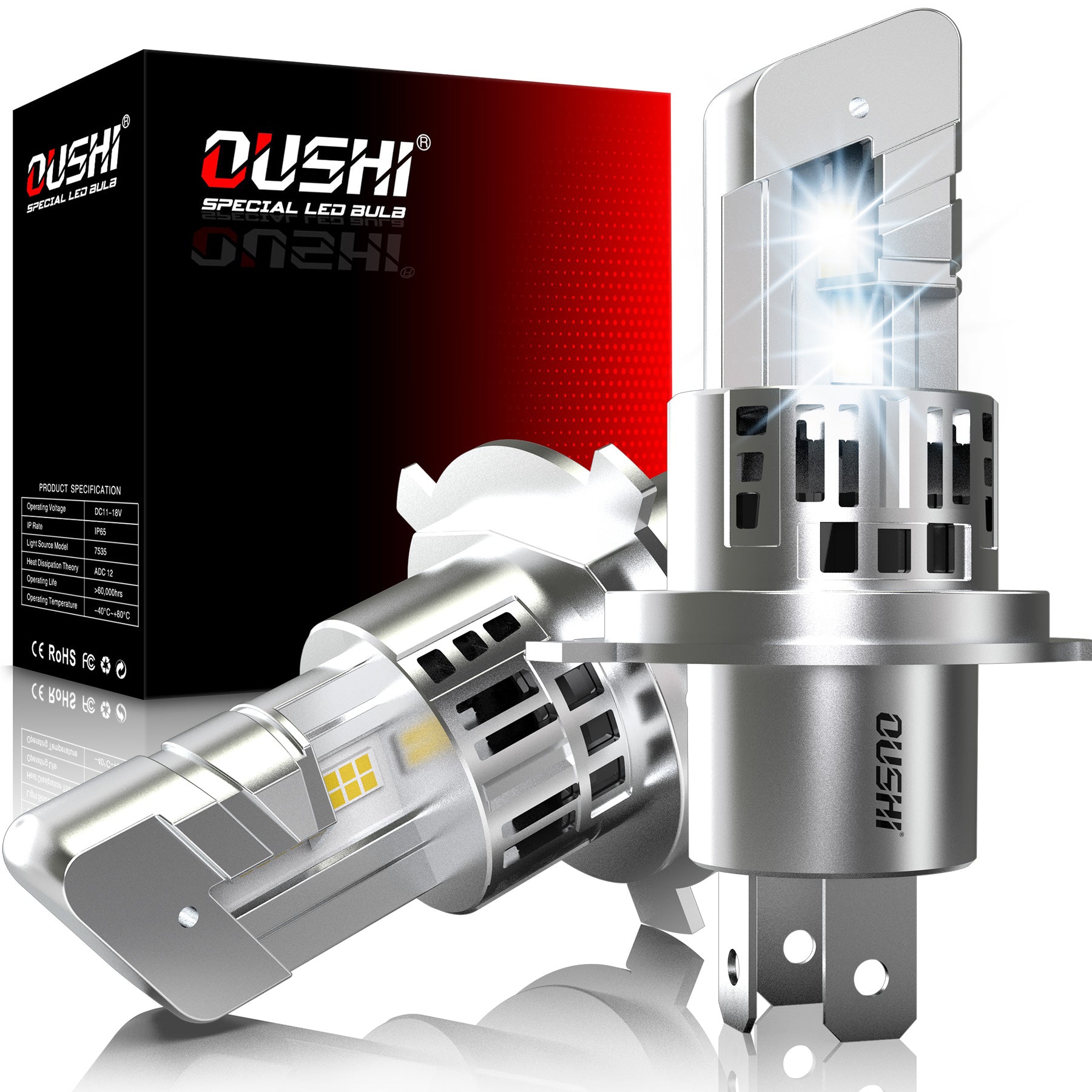 OUSHI Ampoules LED H4 de projecteur, amélioration de 600 %, 6500 K blanc xénon, format 1:1 mini, 30 000 lm, plug & play, ampoule HB2 9003 faisceaux hauts et bas