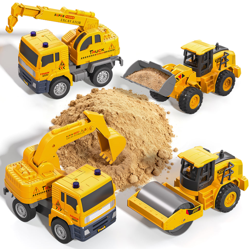 Ensemble de jouets de camions de construction, lot de 4 voitures d'ingénierie à roulement par friction avec pelleteuse, grue, Bulldozer, rouleau compresseur