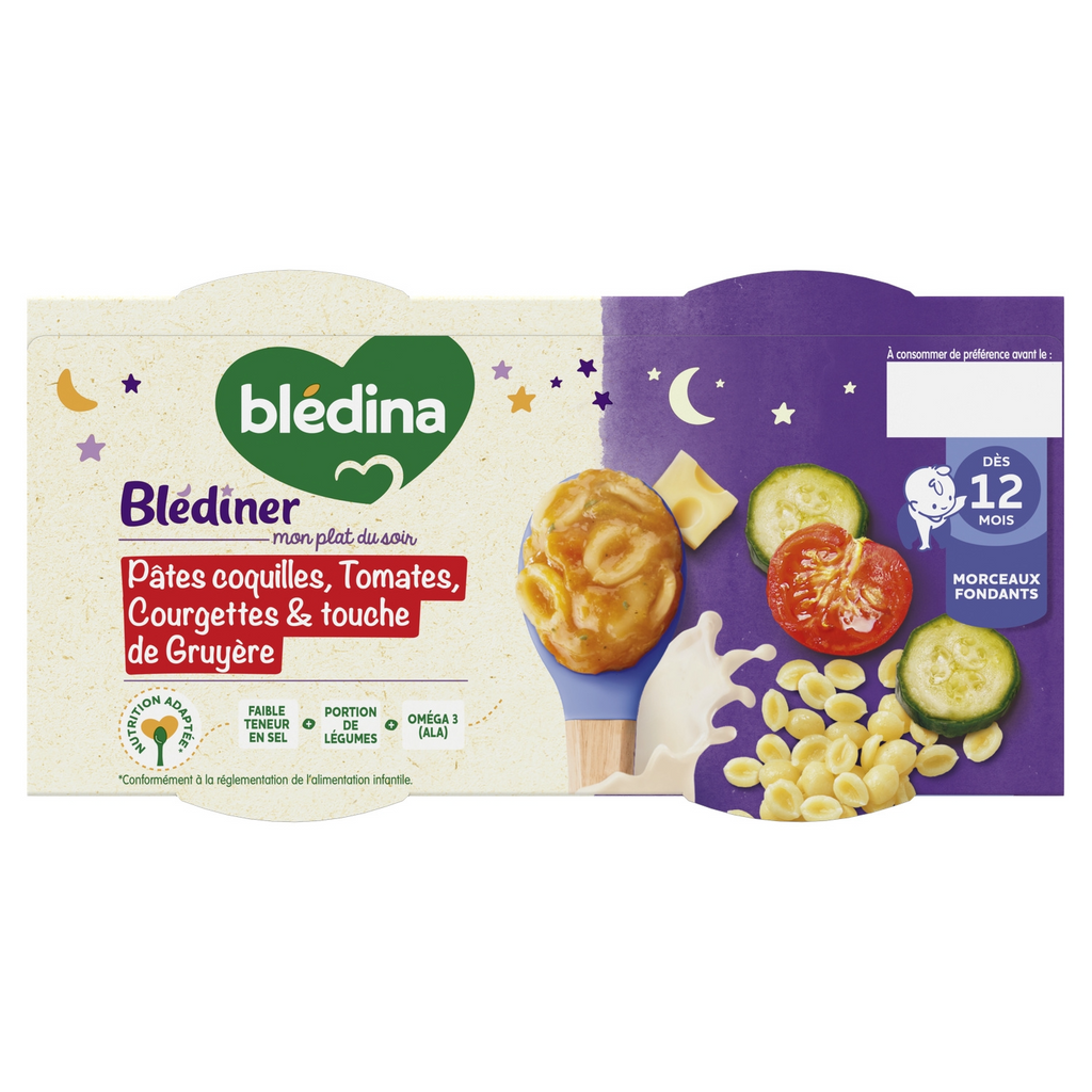 BLEDINA Blédiner Pâtes Tomates Courgettes et Gruyère Repas Bébé Dès 12 Mois 2x200 g