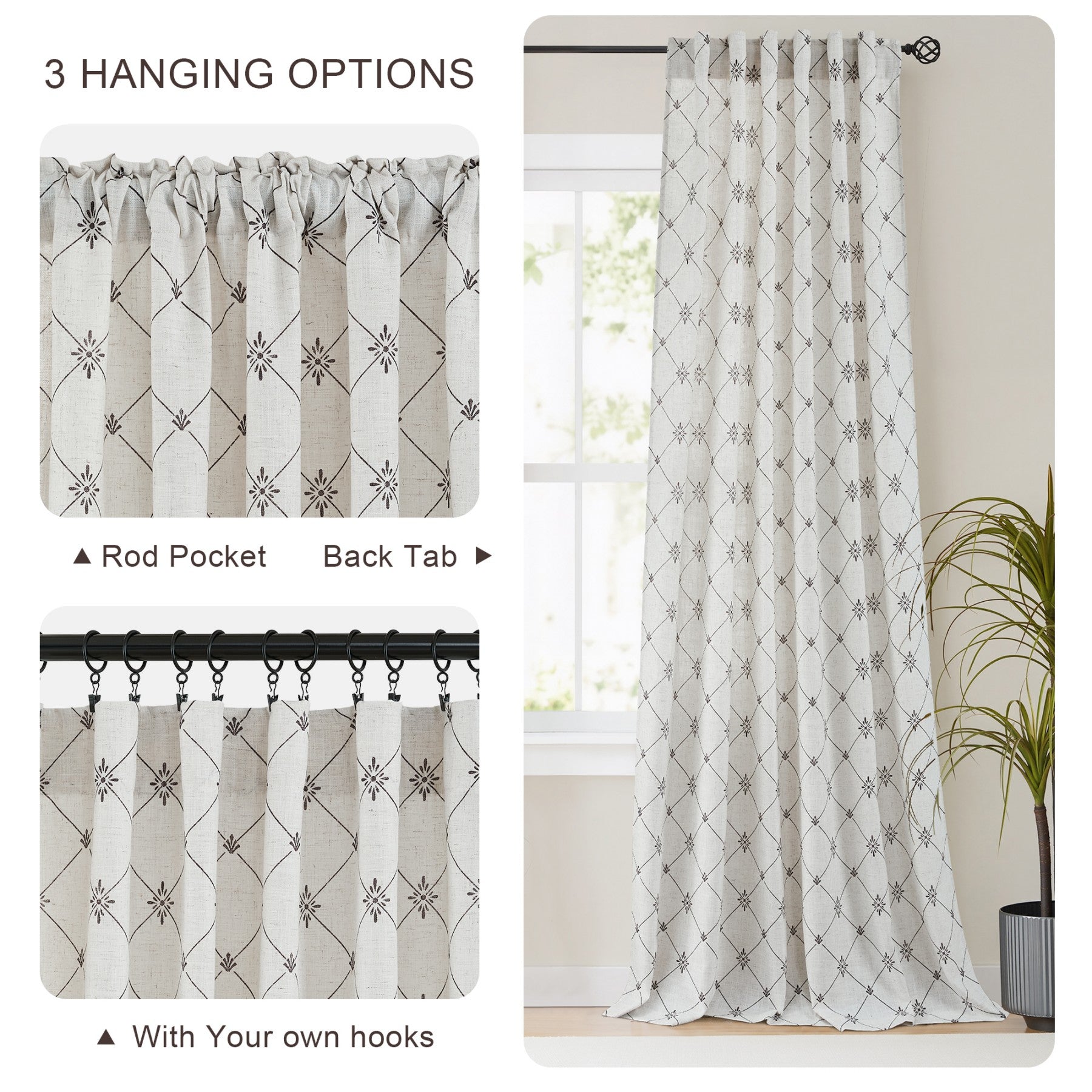 PONY DANCE Rideaux en Lin Mélange de Lin Imprimé Diamant Starburst Draperie de Confidentialité en Coton Biologique avec Œillets Arrière Filtrant la Lumière pour Chambre Salon, Naturel