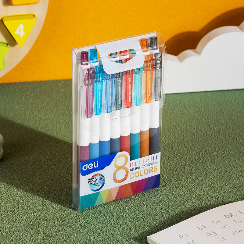 Deli Stylos gel 0,5 mm, Fournitures de bureau et scolaires, Ensemble 8 couleurs, Lot de 8