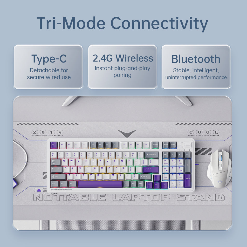 Machenike KG98 clavier mécanique 96 % tri-mode, disposition QWERTY US, clavier de jeu personnalisable à échange à chaud, interrupteurs linéaires pré-lubrifiés, éclairage RGB latéral